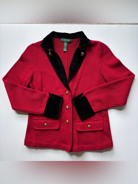 Ralph Lauren Jackets & Blazers - Lauren Ralph Lauren Velvet Collar 3 Crest Gold Button Blazer Coat Jacket PM Red